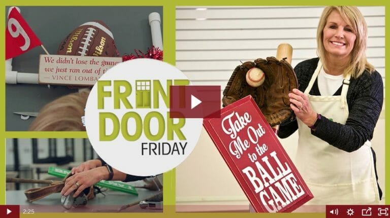 FRONT DOOR FRIDAY – Video, A woman holding a Baseball themed door decor, and a Football themed door decor.