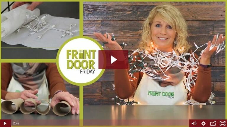 FRONT DOOR FRIDAY – Video, A woman with tangled lit string lights, cardboard tubes, and wrapping string lights.