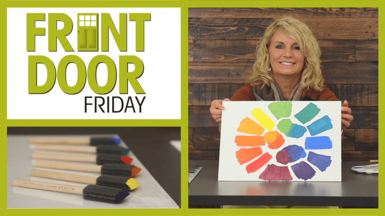 FRONT DOOR FRIDAY – A blonde woman holding a canvas with a paint stroke color wheel, and sponge brushes with paint colors.