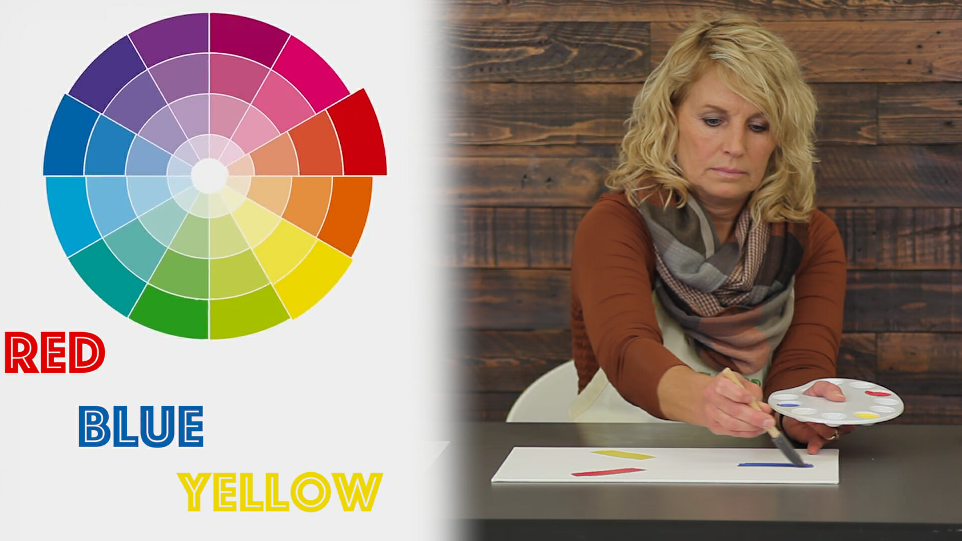 woman painting on white board red blue yellow color palette wheel