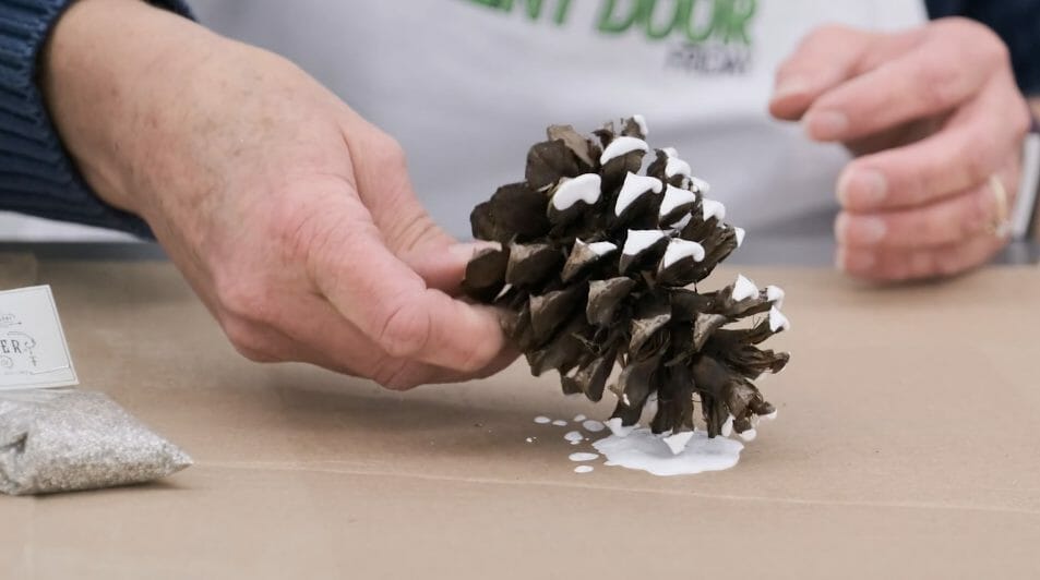 woman dipping pinecone in white paint to create a flocked look