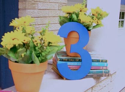 wooden number 3 leaning against a stack of books and yellow potted plants for a back to school themed porch