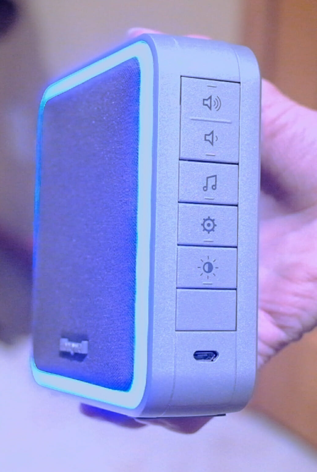 side of speaker showing controls