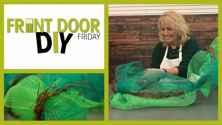 woman making decorative garland using green tool and natural twig vines for a St. Patrick's day theme