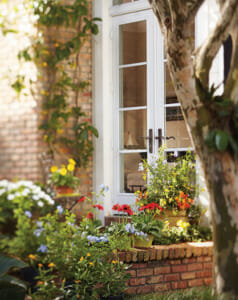 A brick porch with double white paned glass doors, with several potted colorful flowers, and a nearby tree.