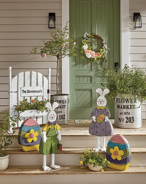Easter front door with wood cutout rabbits and eggs