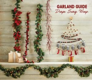Garland Guide – Nine different Winter garlands displayed on a whitewashed wood plank wall.