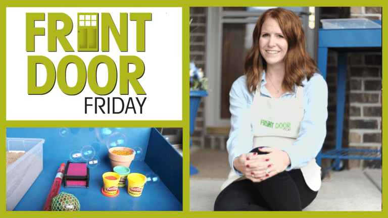 Front Door Friday – Smiling woman in an apron – A porch with a blue cart filled with Play-Doh, bubbles, and a ball.